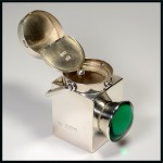 Stamp of Stamp Boxes English Silver Boxes: 1896 London silver novelty stamp box and inkwell combined in the form of a railway lantern by Samuel Jacob