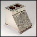 Stamp of Stamp Boxes English Silver Boxes: 1902 London silver two compartment stamp box and nib wipe modelled as a coal scuttle by Henry & Albert Batson