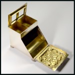 Stamp of Stamp Boxes English Silver Boxes: 1902 London silver two compartment stamp box and nib wipe modelled as a coal scuttle by Henry & Albert Batson