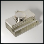 Stamp of Stamp Boxes English Silver Boxes: 1906 Sheffield silver and glass Inkwell, stamp box and pen rest combination by Walker & Hall