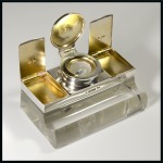 Stamp of Stamp Boxes English Silver Boxes: 1906 Sheffield silver and glass Inkwell, stamp box and pen rest combination by Walker & Hall