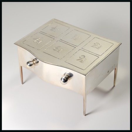 Stamp of Stamp Boxes English Silver Boxes: 1916 Birmingham silver six compartment novelty box modelled as a serpentine front desk by Arthur & John Zimmerman
