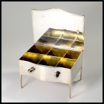 Stamp of Stamp Boxes English Silver Boxes: 1916 Birmingham silver six compartment novelty box modelled as a serpentine front desk by Arthur & John Zimmerman