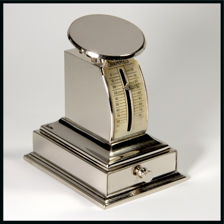 Stamp of Stamp Boxes Ephemera: Chrome-plated letter scales with celluloid scale