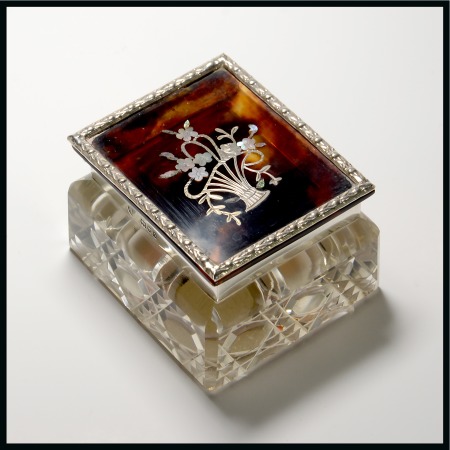 Stamp of Stamp Boxes English Silver Boxes: 1909 London glass, silver and faux tortoiseshell single compartment box