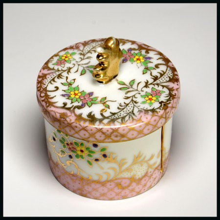 Stamp of Stamp Boxes Miscellaneous Materials: Handpainted porcelain stamp coil dispenser with gilt floral decoration