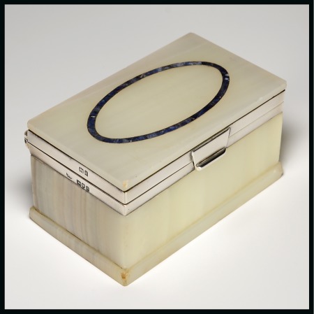 Stamp of Stamp Boxes English Silver Boxes: 1913 London silver and alabaster three compartment box