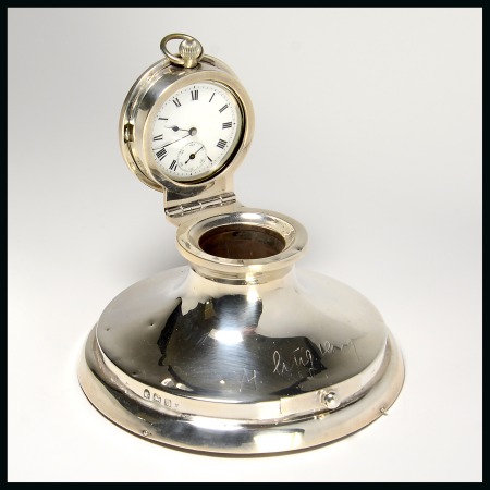 Stamp of Stamp Boxes English Silver Boxes: 1908 Birmingham silver capstan inkwell, stamp case and pocket watch holder with watch combined