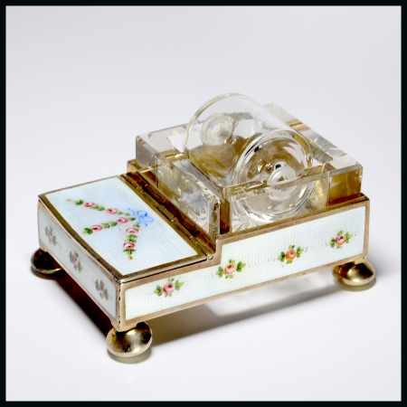 Stamp of Stamp Boxes Continental Boxes: 1919 Sterling silver (British import hallmark), gilt and enamel two compartment box and moistener combined