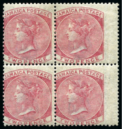 Stamp of Jamaica 1860-70 1d Blue & 2d Deep Rose in mint/unused blocks of four