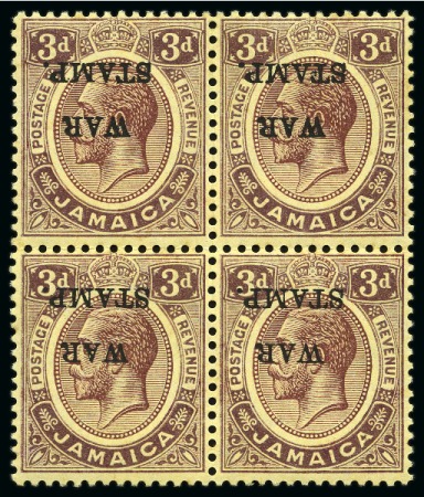 Stamp of Jamaica 1917 "War Stamp" (type 21) 3d with INVERTED OVERPRINT in mint block of four
