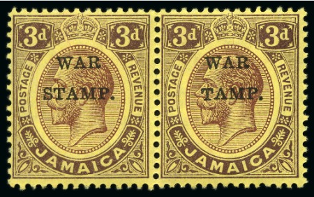 Stamp of Jamaica 1916 "War Stamp" (type 20) 3d with "S in STAMP omitted" variety in mint pair with normal