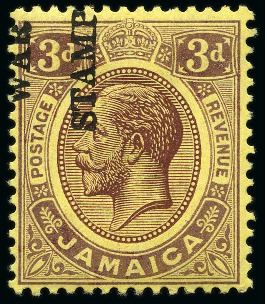Stamp of Jamaica 1917 "War Stamp" (type 21) 3d with OVERPRINT SIDEWAYS (reading up) and misplaced variety, mint
