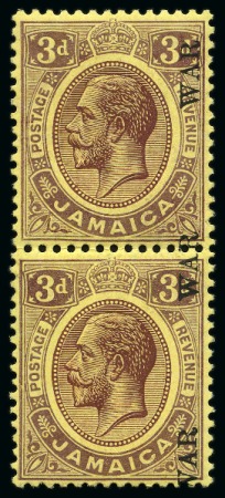 Stamp of Jamaica 1917 "War Stamp" (type 21) 3d with OVERPRINT SIDEWAYS (reading up) and misplaced variety in mint vertical pair