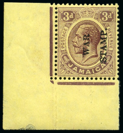 Stamp of Jamaica 1917 "War Stamp" (type 21) 3d with OVERPRINT SIDEWAYS (reading up) in mint lower left corner marginal