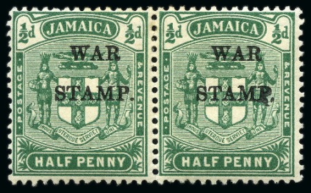 Stamp of Jamaica 1917 "War Stamp" (type 21) 1/2d with "stop inserted and P impressed a second time" variety in mint pair with normal