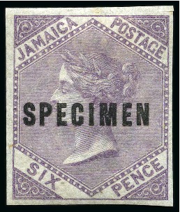 Stamp of Jamaica 1860-70 6d Lilac imperforate with SPECIMEN overprint (type D12), mint large part og