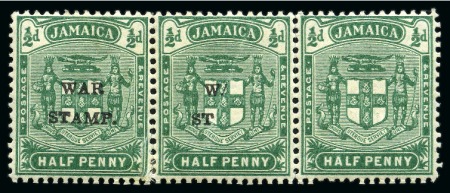 Stamp of Jamaica 1916 "War Stamp" (ype 20) 1/2d mint strip of three with OVERPRINT OMITTED on right stamp and partially omitted on the middle stamp