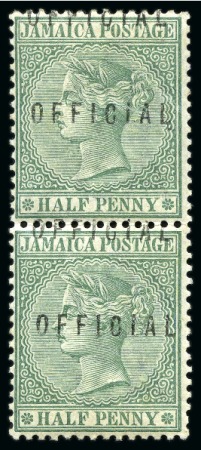 Stamp of Jamaica OFFICIALS: 1890-91 1/2d (15-16mm overprint) with DOUBLE OVERPRINT variety in mint vertical pair
