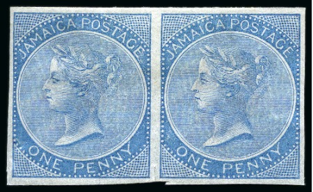 Stamp of Jamaica 1860-70 1d Pale Blue, 2d Rose, 4d Red-Orange, 6d Dull Lilac and 1s Yellow-Brown in imperforate imprimatur horizontal pairs