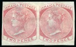 Stamp of Jamaica 1860-70 1d Pale Blue, 2d Rose, 4d Red-Orange, 6d Dull Lilac and 1s Yellow-Brown in imperforate imprimatur horizontal pairs