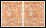 Stamp of Jamaica 1860-70 1d Pale Blue, 2d Rose, 4d Red-Orange, 6d Dull Lilac and 1s Yellow-Brown in imperforate imprimatur horizontal pairs