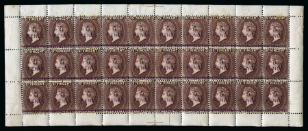 Stamp of St. Vincent 1892 (Nov.) Provisional Issue: 5d. on 4d. chocolate, a complete mint sheet of thirty