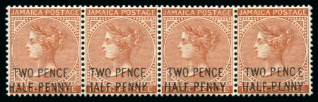 Stamp of Jamaica 1890-91 2 1/2d on 4d mint strip of four showing varieties