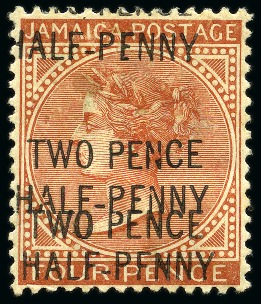 Stamp of Jamaica 1890-91 2 1/2d on 4d mint part og with DOUBLE SURCHARGE and both overprints showing "PFNNY" variety