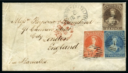 Stamp of New Zealand 1863 Envelope to England franked with 1862 1d vermilion, 2d deep blue pl.1 and 6d black-brown