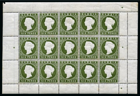 Stamp of Gambia 1886-93 Wmk CA sideways 6d deep bronze-green mint nh sheetlet of 15 showing sloping label varieties