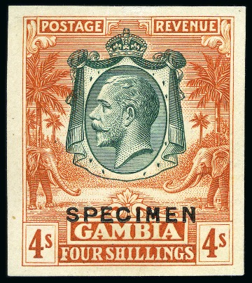 Stamp of Gambia 1922-29 4s Green & Orange proof in unissued colour on thin card with SPECIMEN overprint