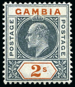 Stamp of Gambia 1902-05 Wmk CA 3d and 2s with DENTED FRAME variety, mint