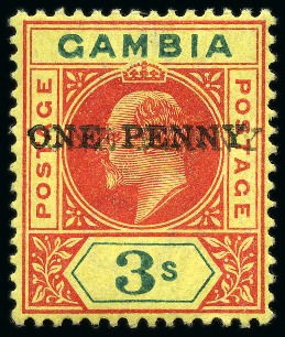 Stamp of Gambia 1906 1/2 on 2s6d and 1d on 3s carmine & green on yellow group incl. 1d on 3s with DOUBLE SURCHARGE mint