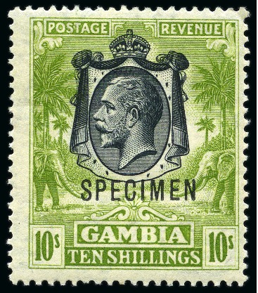 Stamp of Gambia 1922-29 Wmk Script CA 1/2d to 10s set of 19 with SPECIMEN overprints, mint hr