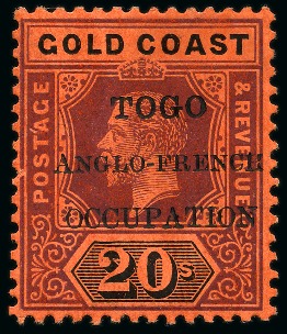 Stamp of Togo 1915 (May) 20s Purple & Black on red with "small F in French" variety, mint