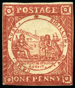 Stamp of Australia » New South Wales 1850 1d Carmine on soft yellowish paper, plate I, fine impression, position 12, unused without gum