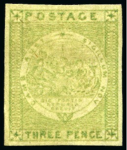 Stamp of Australia » New South Wales 1850-51 3d Yellow-Green on bluish to grey wove paper, plate V, unused with small part original gum