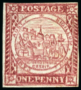 Stamp of Australia » New South Wales 1850 1d Crimson-Lake on hard greyish or bluish paper, plate II, clear impression, position 12, unused without gum