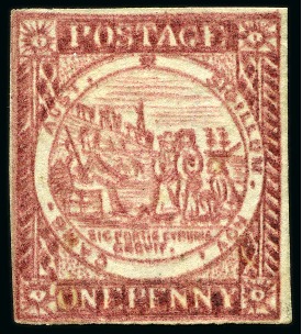 Stamp of Australia » New South Wales 1850 1d Crimson-Lake on hard greyish or bluish paper, plate II, clear impression, unused with part original gum
