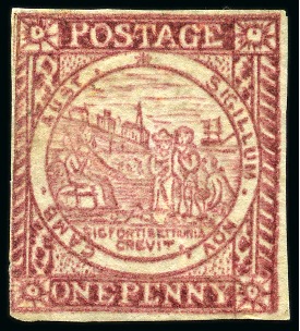 Stamp of Australia » New South Wales 1850 1d Dull Carmine on hard greyish or bluish paper, plate II, position 18, unused without small part gum