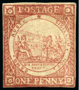 Stamp of Australia » New South Wales 1850 1d Reddish-Rose on soft yellowish paper, plate I, clear sharp early impression, position 1, unused with dried up original gum