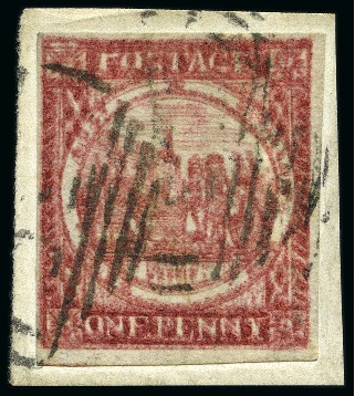 Stamp of Australia » New South Wales 1850 1d Dull Carmine on hard greyish or bluish paper, plate II, used on fragment showing DOUBLE PRINT variety