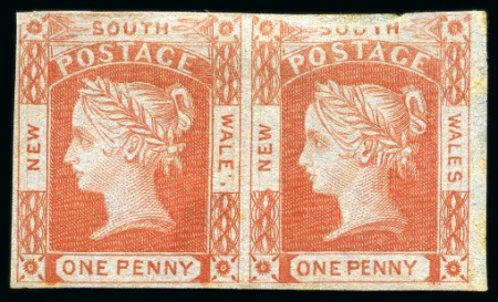 Stamp of Australia » New South Wales 1851-52 1d Brick-Red on bluish medium wove paper, pair showing position 9-10 with position 9 with variety "WALE" instead of WALES