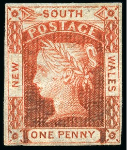 Stamp of Australia » New South Wales 1851-52 1d Claret on thick vertically laid bluish paper, unused without gum, showing plate error 'No leaves right of SOUTH', repaired