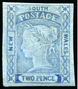 Stamp of Australia » New South Wales 1851-52 2d Prussian Blue on blue wove medium paper, plate I, worn impression, unused with part original gum
