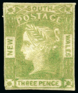 Stamp of Australia » New South Wales 1852 3d Dull Yellow-Green on medium greyish blue wove medium paper, unused with part original gum