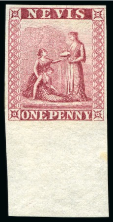 Stamp of St. Kitts-Nevis » Nevis 1861 Imperf. colour trials of the 1d, 4d, 6d and 1s in lower marginal singles on unwatermarked paper