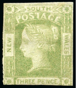 Stamp of Australia » New South Wales 1852 3d Dull Yellow-Green on medium greyish blue wove medium paper, unused without gum