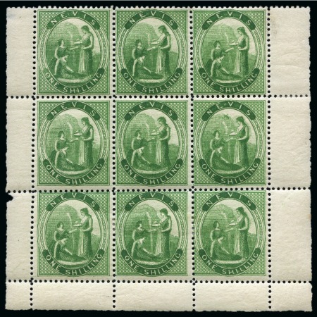 Stamp of St. Kitts-Nevis » Nevis 1867-76 1s Yellow-Green perf.15 with "crossed lines on hill" variety (pos.9) in part sheet of nine stamps